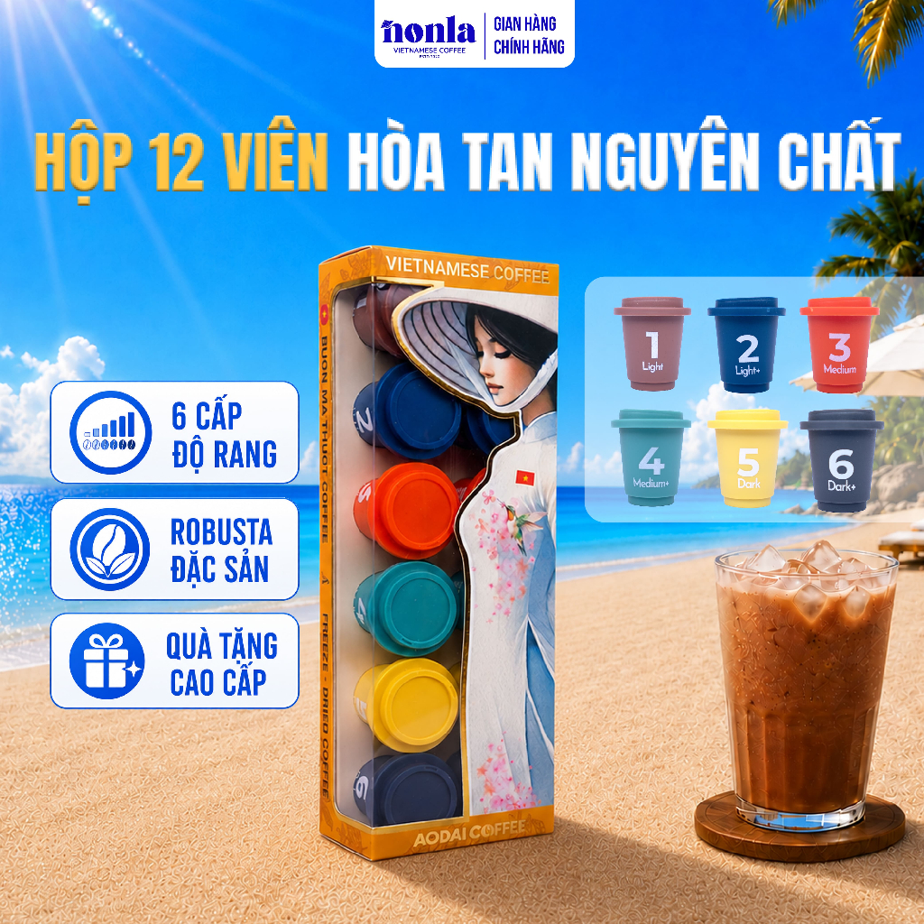 Hộp 12 Viên Cà phê Hòa Tan Sấy Thăng Hoa Nguyên Chất AODAI COFFEE Từ Hạt Cafe Robusta - 6 Cấp Độ Vị