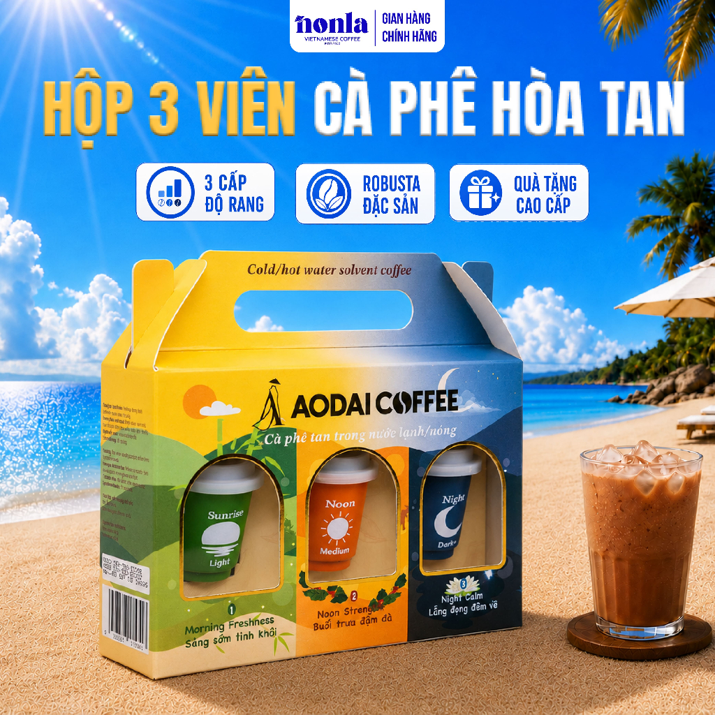 Hộp 3 Viên Cà Phê Hòa Tan Sấy Thăng Hoa Nguyên Chất AODAI COFFEE Từ Hạt Robusta