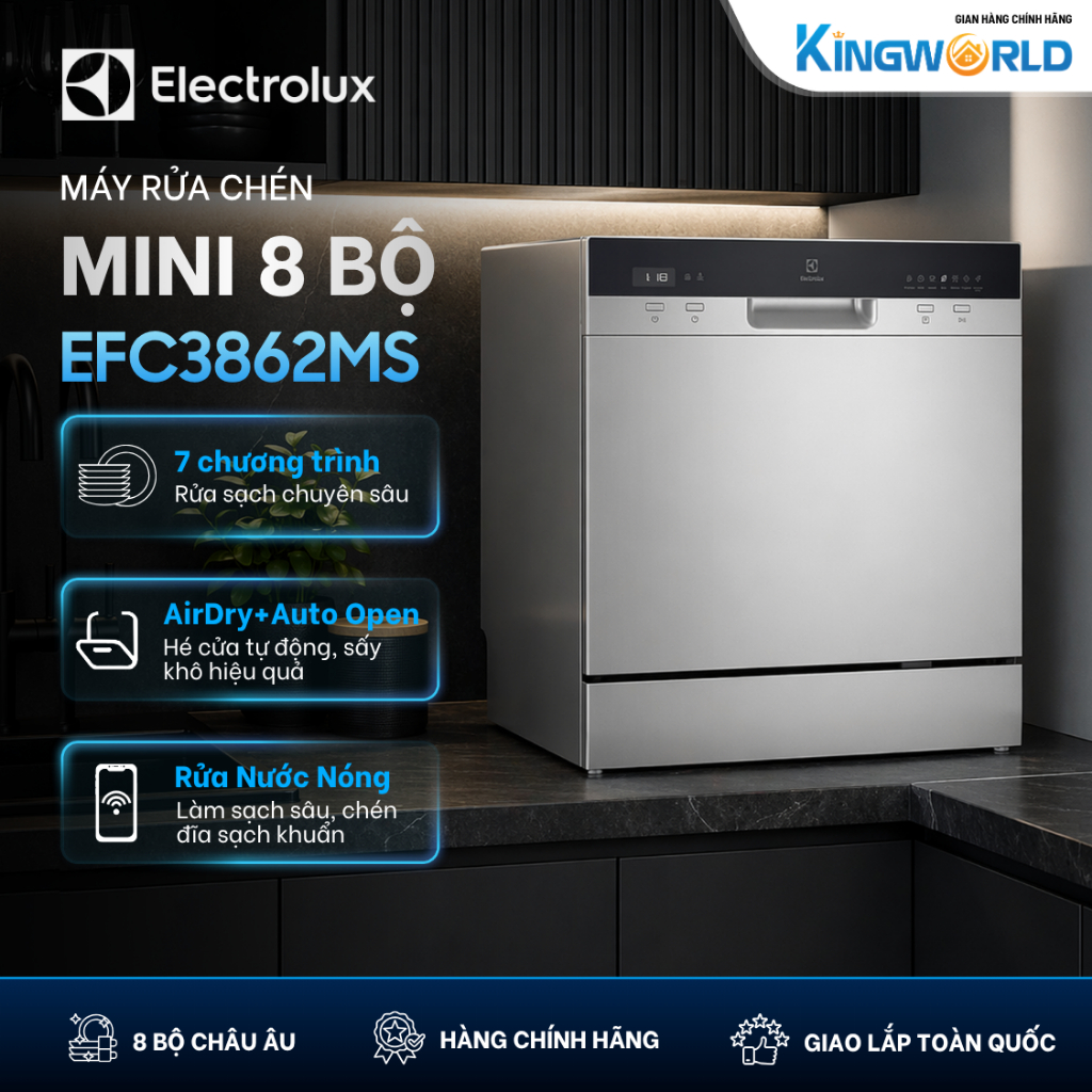 Máy Rửa Bát Mini Để Bàn ELECTROLUX EFC3862MS 55cm | Sấy Hé Cửa Tự Động, Rửa Diệt Khuẩn Hygiene, 8 Bộ