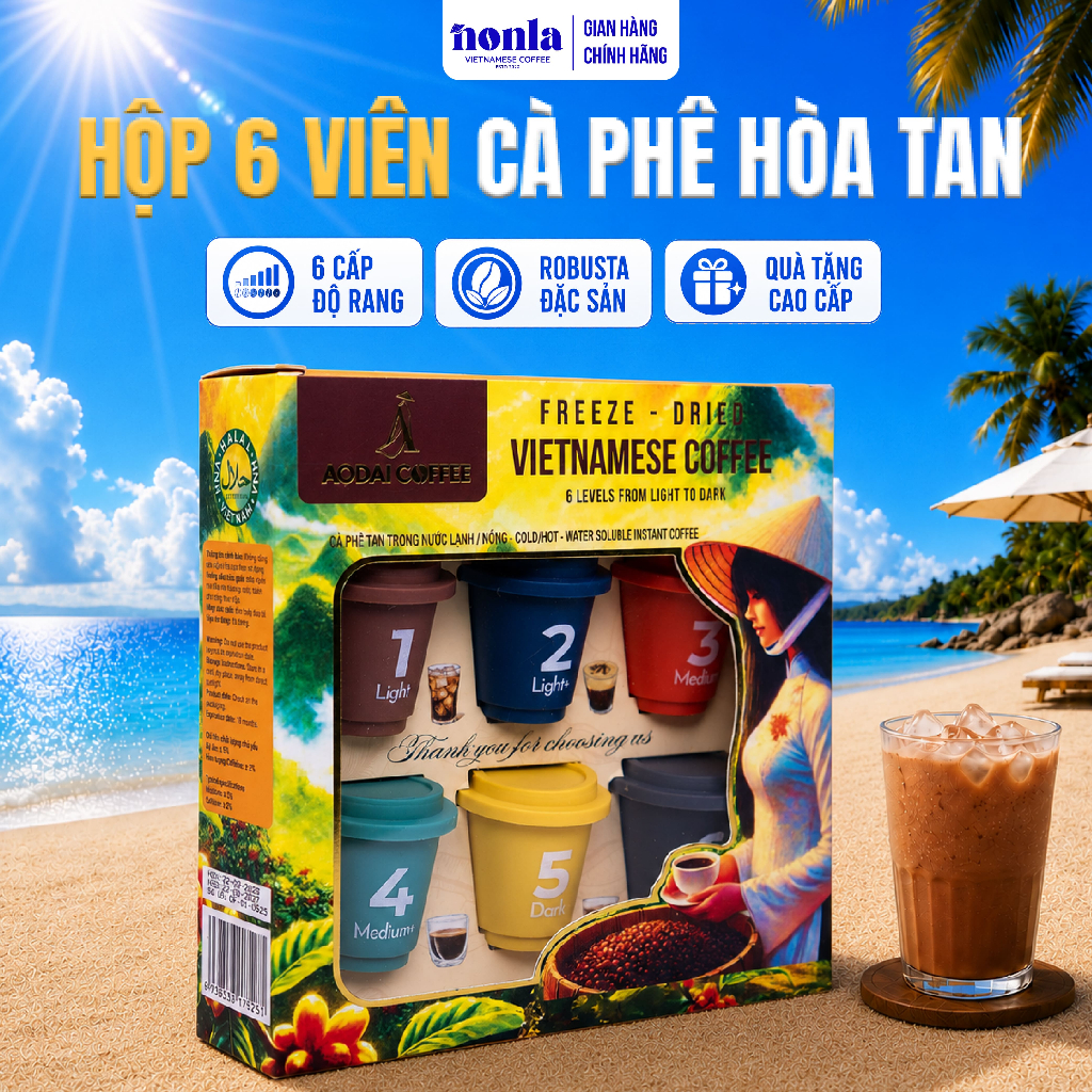 Hộp 6 Viên Cà Phê Hòa Tan Sấy Thăng Hoa Nguyên Chất AODAI COFFEE Từ Hạt Cafe Robusta - 6 Cấp Độ vị