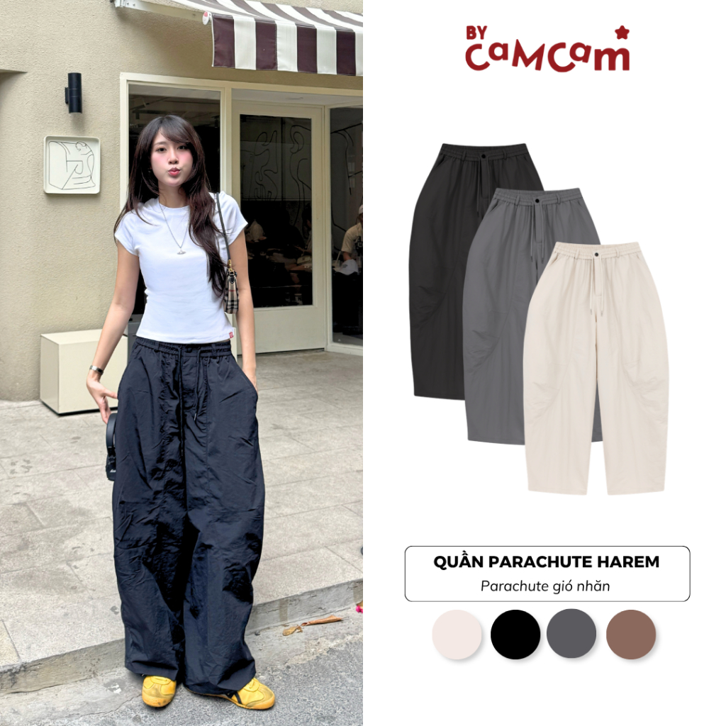 Quần Parachute Harem 𝑩𝒚𝒄𝒂𝒎𝒄𝒂𝒎 Dáng Thụng Vintage Quần Dài Dễ Vận Động Nhật Bản QTD003
