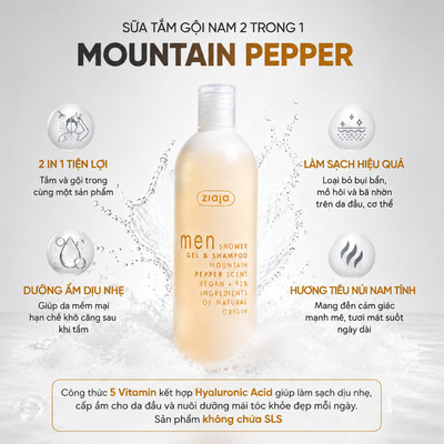 [LS] Gel Tắm Gội  Ziaja Mountain Pepper Scent 2in1 Dành Cho Nam Giới Hương Hạt Tiêu Núi 400ml