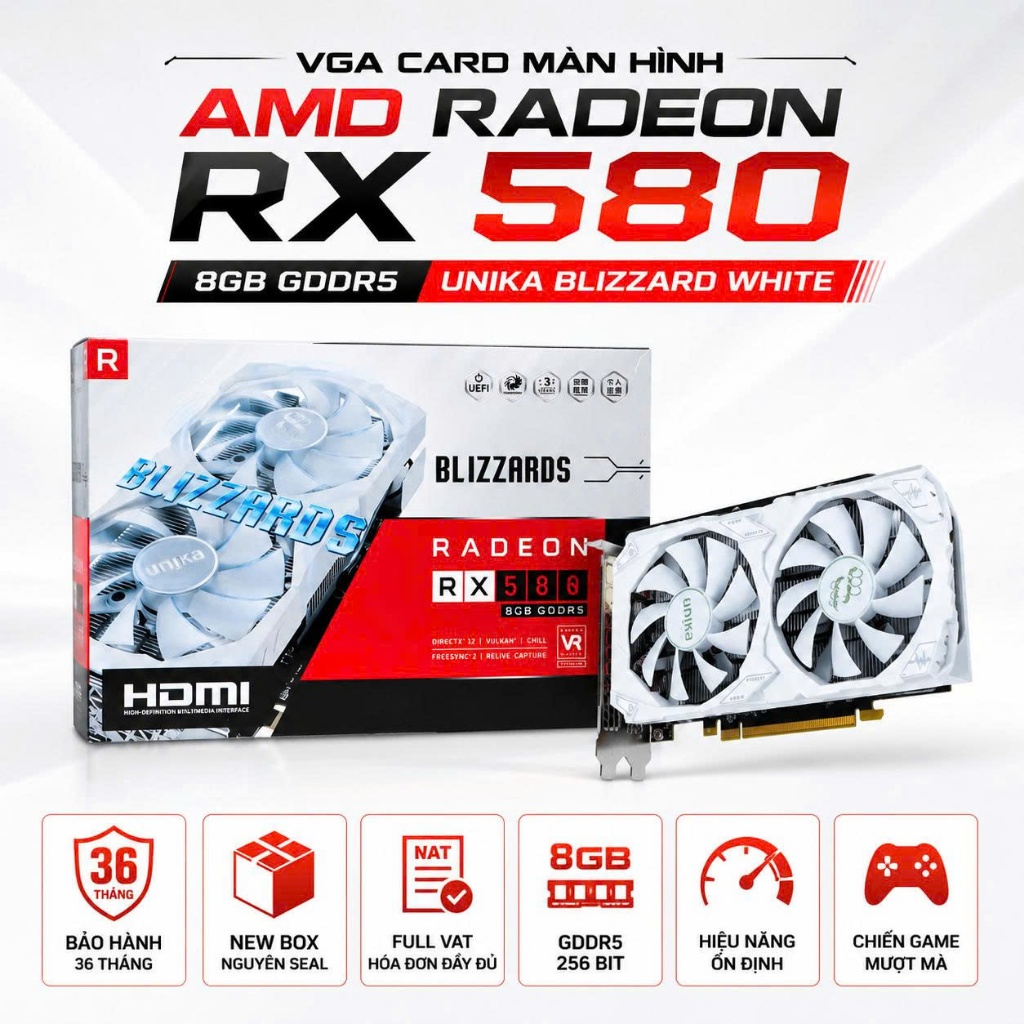 VGA Card màn hình AMD Radeon RX 580 8GB GDDR5 Unika Blizzard White - RX580 8G BH 36T