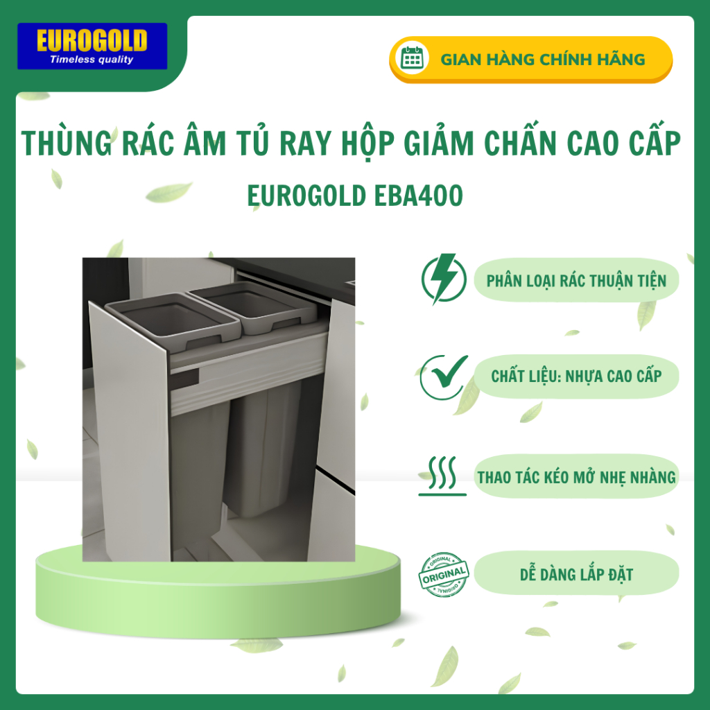 Thùng Rác Âm Tủ Ngăn Mùi Eurogold BA400 2 Ngăn Chứa Ray Giảm Chấn Lắp Tủ Dưới 400mm