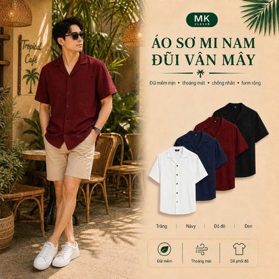 Áo sơ mi nam Cuban đũi vân mây MK CLEVER Chất liệu đũi mềm mịn thoáng mát, chống nhăn, form rộng hằng ngày