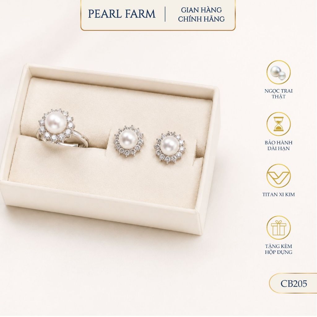 Bộ Bông Tai Nhẫn Dáng Bông Tuyết Ngọc Trai Pearl Farm