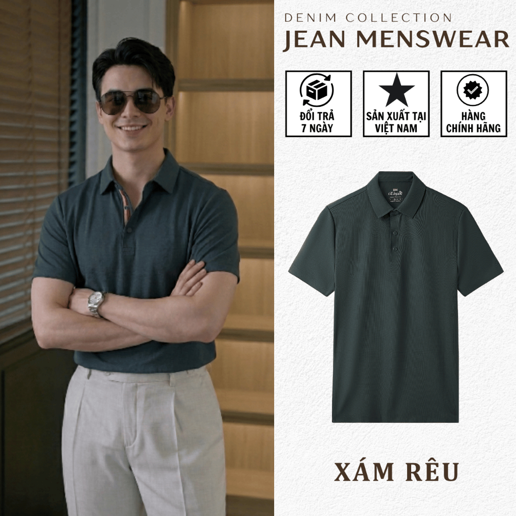 Áo POLO Nam Cao Cấp Không Đường May - XÁM RÊU - Chất Liệu MICROFIBER Thoáng Khí, Co Giãn Tốt - JEAN 