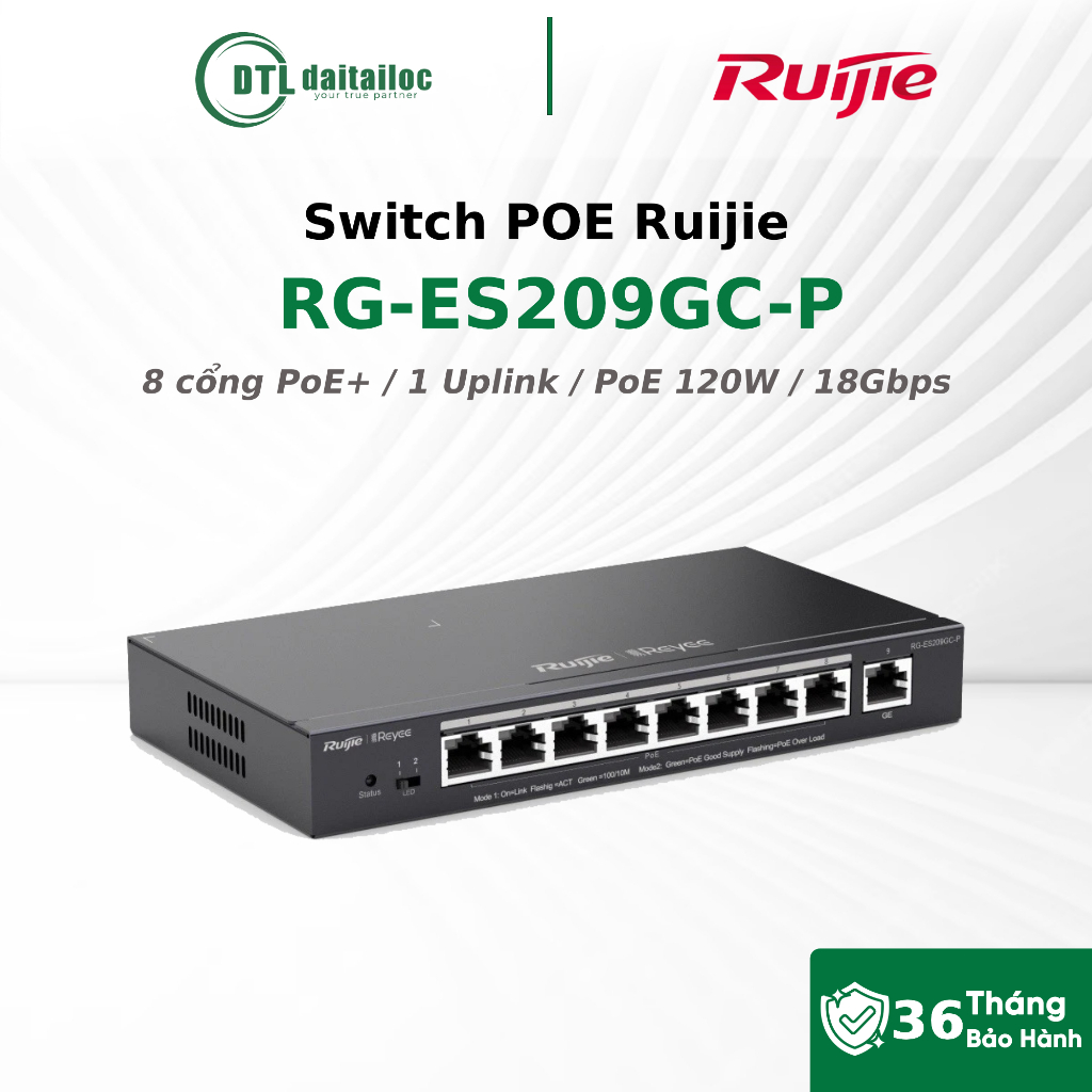 Switch PoE Ruijie RG-ES209GC-P 8 Cổng PoE+ 1 Uplink 120W | Chính Hãng | Bảo Hành 36 Tháng