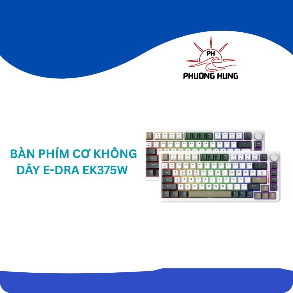 Bàn Phím Cơ Không Dây E-DRA EK375W Màu Trắng Bluetooth/2.4GHz/USB-C RGB - Hàng Mới.