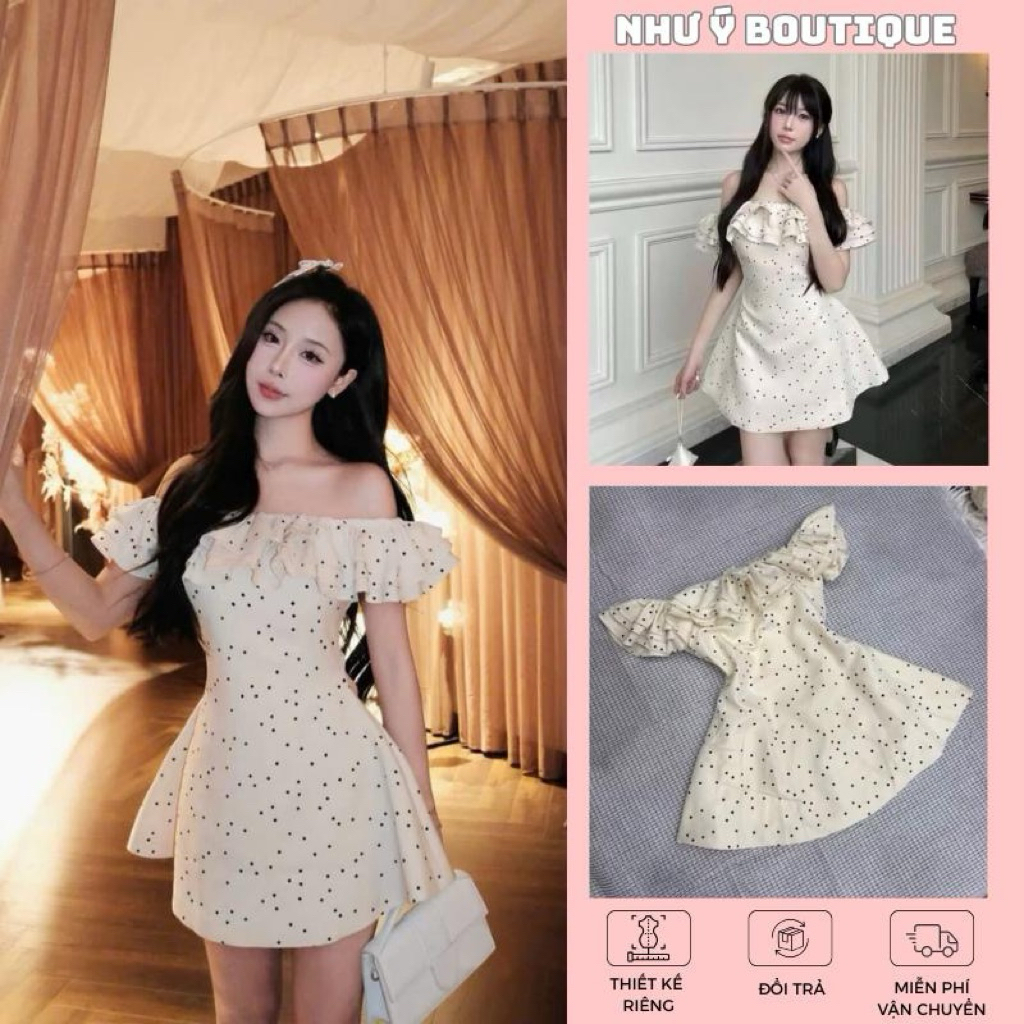 (0071)Đầm chấm bi trễ vai tùng xoè nhẹ xinh xắn Như Ý boutique DK09