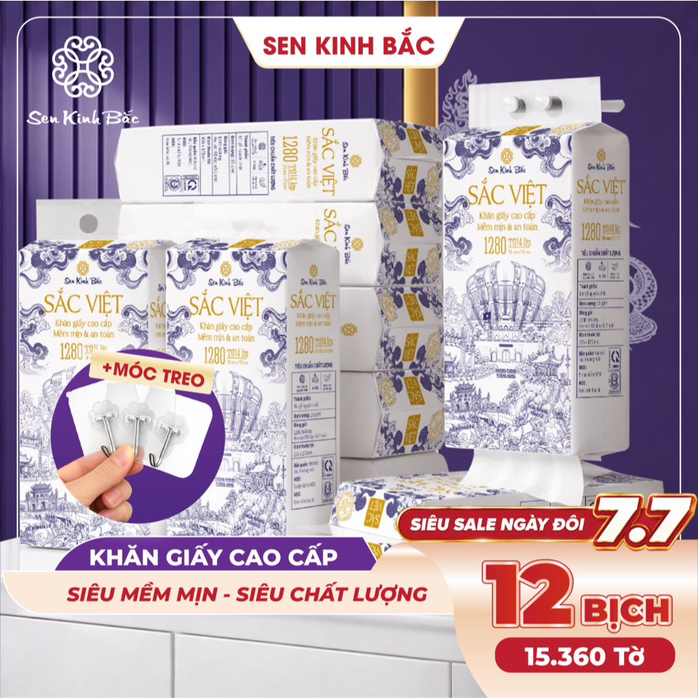 [COMBO 12 BỊCH] Giấy Rút Treo Tường Sắc Việt 1280 Tờ 4 Lớp Mềm Mịn, Thành Phần Bột Gỗ Tự Nhiên 100%