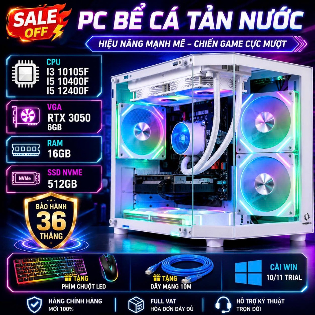 SALE OFF PC Bể cá tản nước full led chiến all game - I3 I5 gen 10 11 12 / RTX 3050 6GB / Ram 16GB
