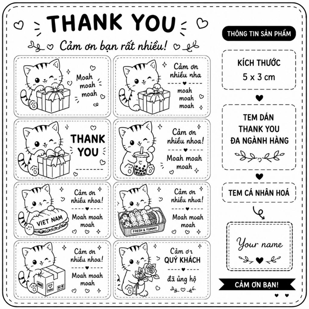[ NAU ] Set 100 Tem 3x5cm Thank You, Open Me, Quay Video, Cut Here, 5 Sao...