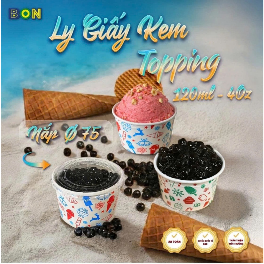 Set 100 Ly Giấy Kem, Topping 120ml (4oz) – Ly Đựng Kem, Topping, Bánh Flan, Sữa Chua – Ly Dày Đẹp