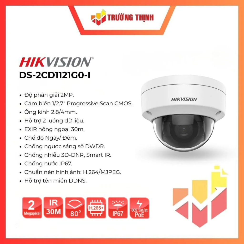 Camera IP bán cầu 2MP 1080P Hikvision DS-2CD1121G0-I | Chống va đập | Độ bền cao | 2MP