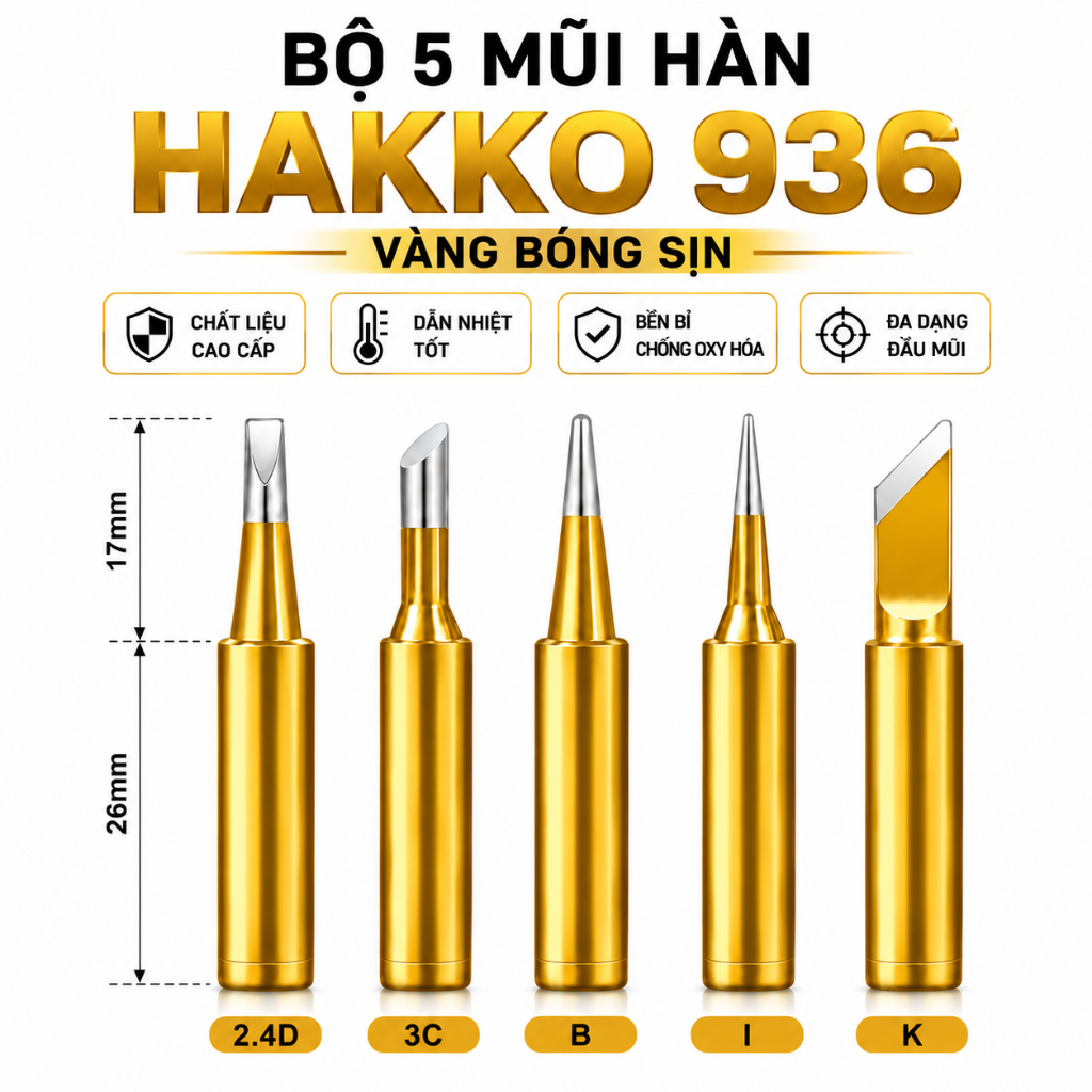 Bộ 5 Mũi Hàn Hakko 936 - Vàng Bóng Sịn - 2.4D 3C B I K - Mũi Hàn Thay Thế Chịu Nhiệt Cao