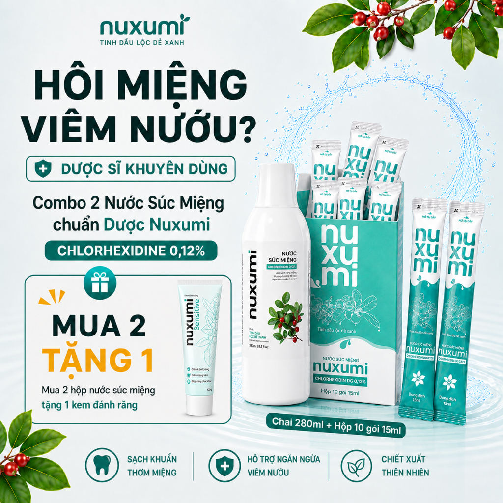 Combo Nước Súc Miệng Nuxumi Chai 280ml & Hộp 10 Gói 15ml Chlorhexidine 0,12%, Chăm Sóc Nướu
