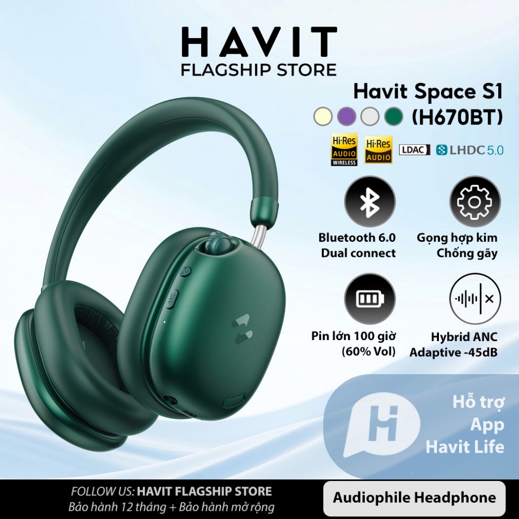 Tai nghe Bluetooth Headphone Havit Space S1 | Adaptive ANC 45dB | Codec LHDC | Bluetooth 6.0