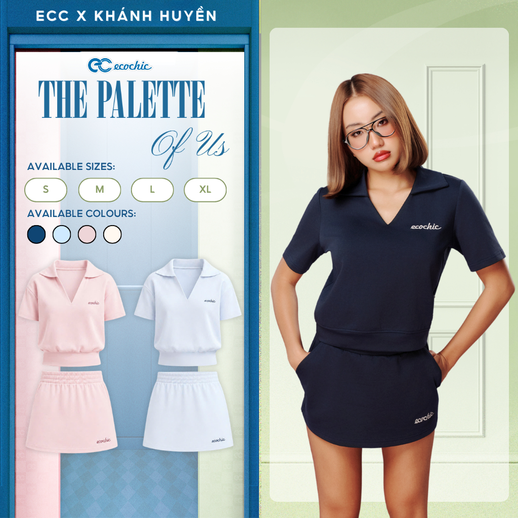 Set Bộ Chân Váy ECOCHIC Áo Cổ V Polo Rộng Chân Váy Thun Chất Liệu Cao Cấp Chính Hãng B247