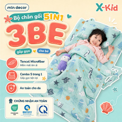 [HOẢ TỐC] Combo Chăn Gối Tencel 5in1 "3Be" Mịn Decor, Bộ Chăn Đệm Gối Gấp Gọn Cho Bé Mầm Non Đi Học