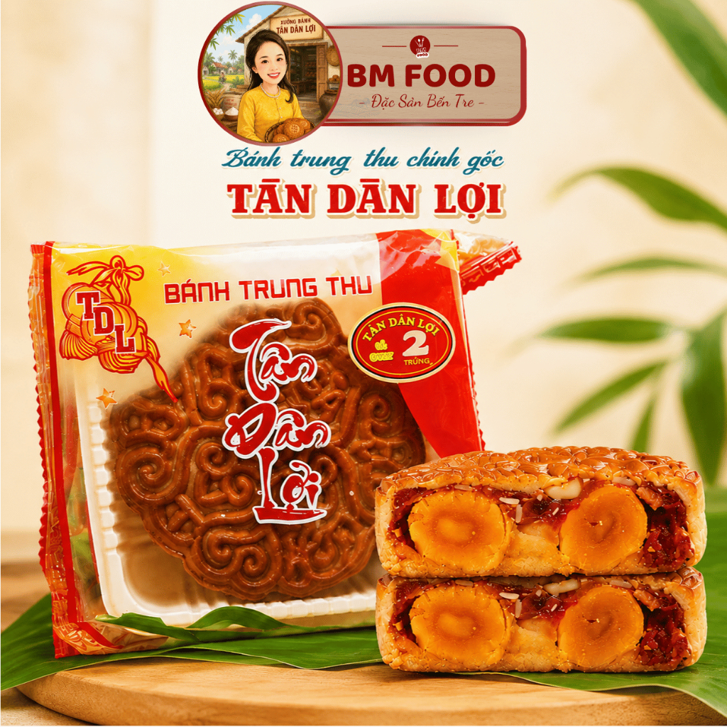 Bánh Trung Thu Tân Dân Lợi Nhân Gà Quay - 200gr 2 Trứng - Đặc Sản Bến Tre
