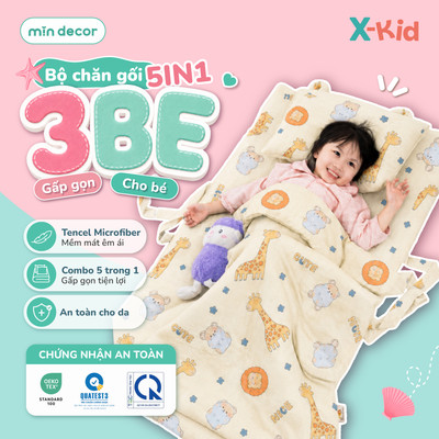 Bộ Chăn Gối Tencel Microfiber 5in1 "3Be" Mịn Decor, Combo Đệm Gối Gấp Gọn Tiện Lợi Cho Bé Đi Học
