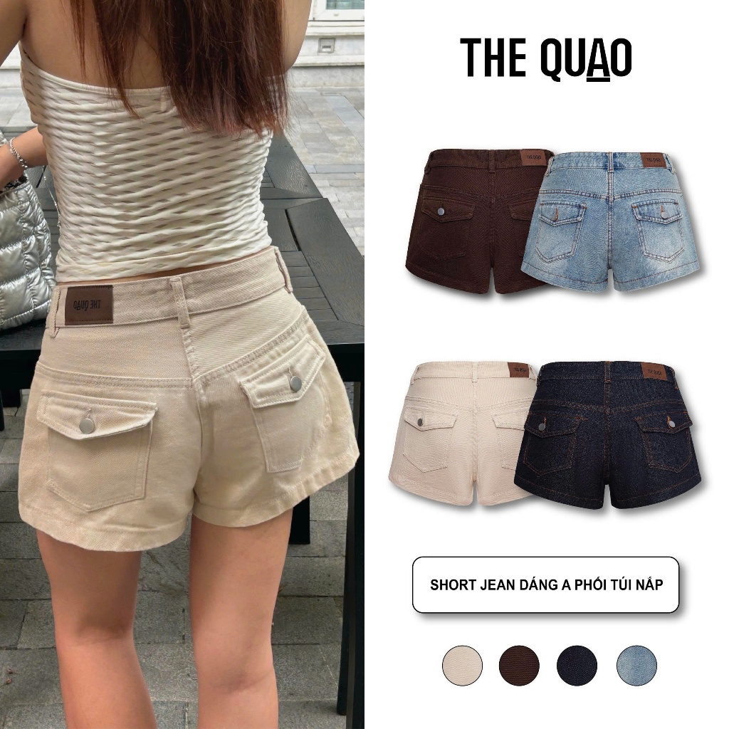 THE QUẠO - Quần Short Jean Ngắn Thấp Vừa Dáng A Xòe Phối Túi Nấp N2305 765