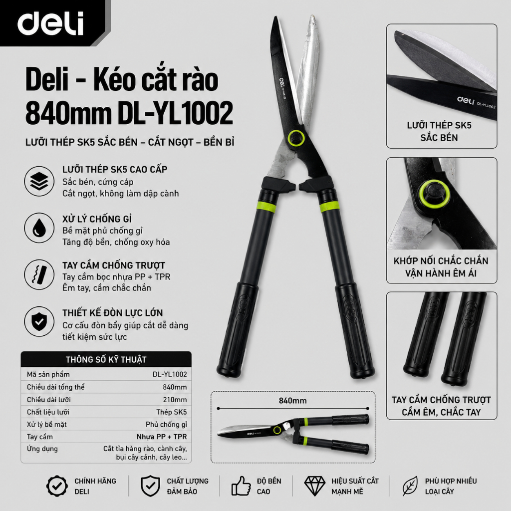 𝐃𝐞𝐥𝐢 - Kéo cắt cây, Kéo cắt cành dày, cây dài, kéo cắt rào 840mm E chính hãng Deli