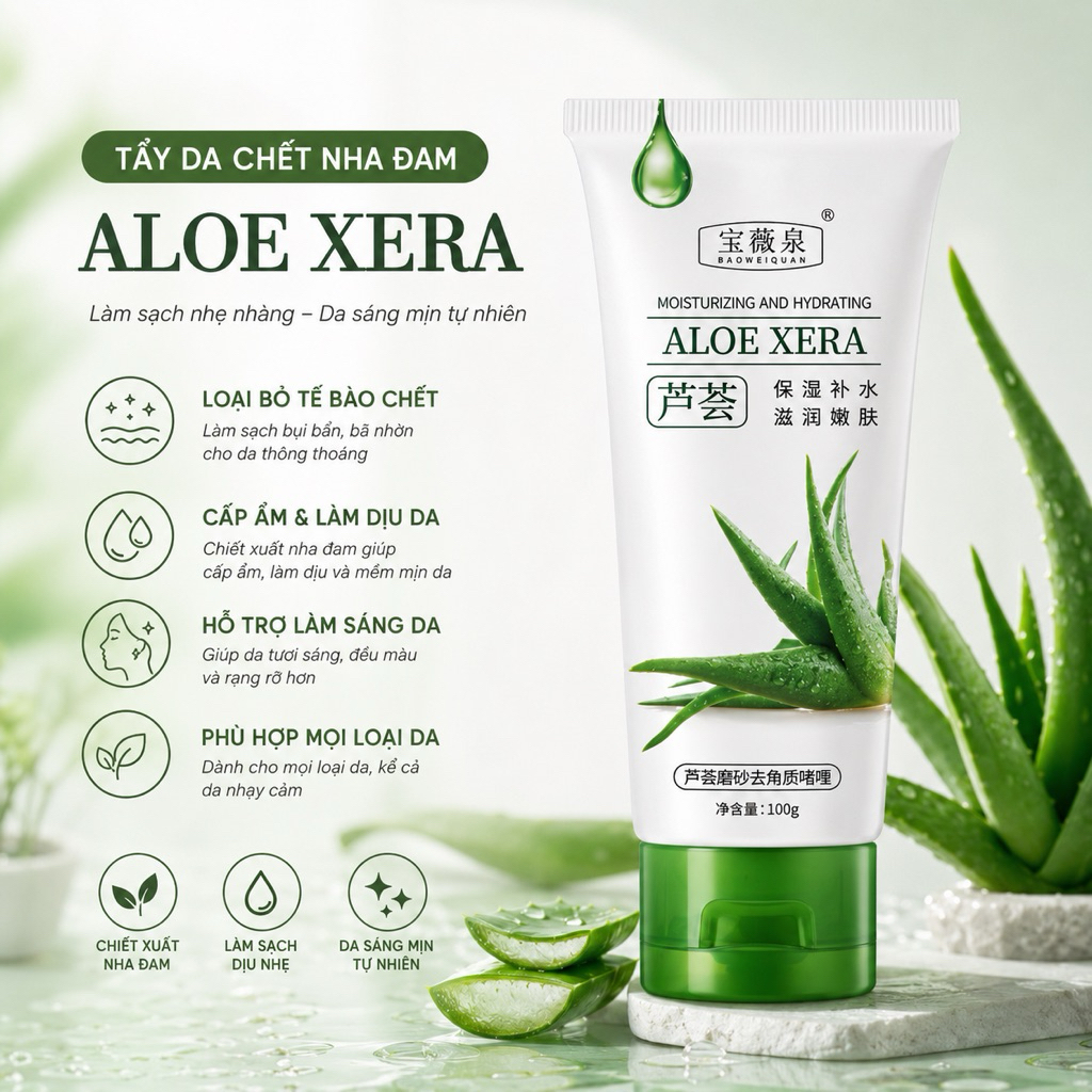Gel Tẩy Tế Bào Chết Nha Đam Aloe Xera Baoweiquan 100g - Làm Sạch Dịu Nhẹ, Cấp Ẩm Cho Mọi Loại Da