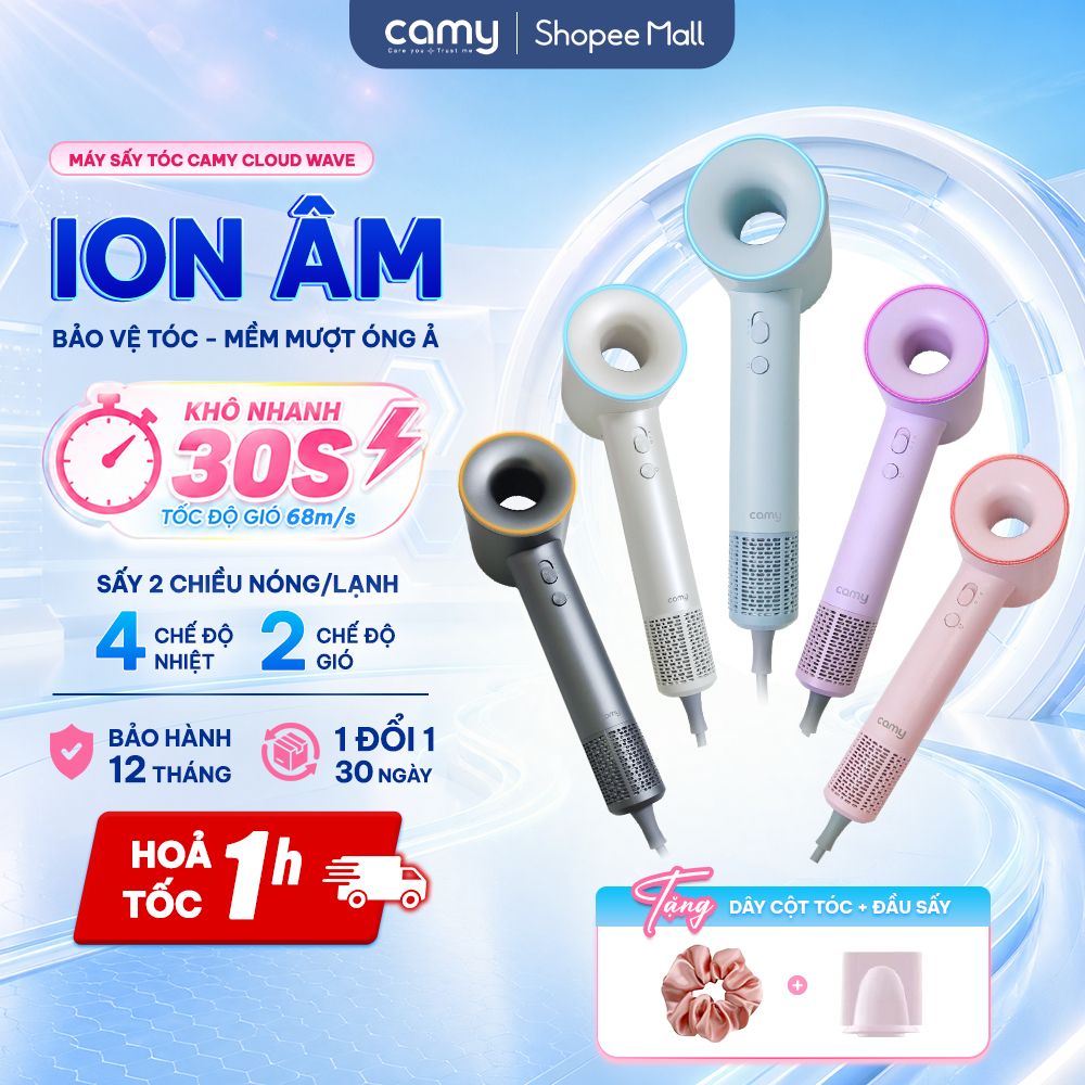 Máy sấy tóc ion âm Camy Cloud Wave 2 chiều nóng lạnh tốc độ cao 1600W, bảo vệ tóc bảo hành 12 tháng