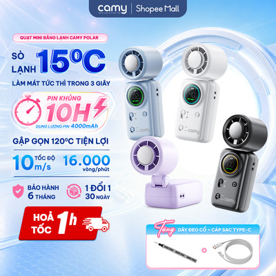 Quạt cầm tay tích điện Camy Polar Mini, quạt mini băng lạnh 100 tốc độ gió màn hình led BH 6 tháng