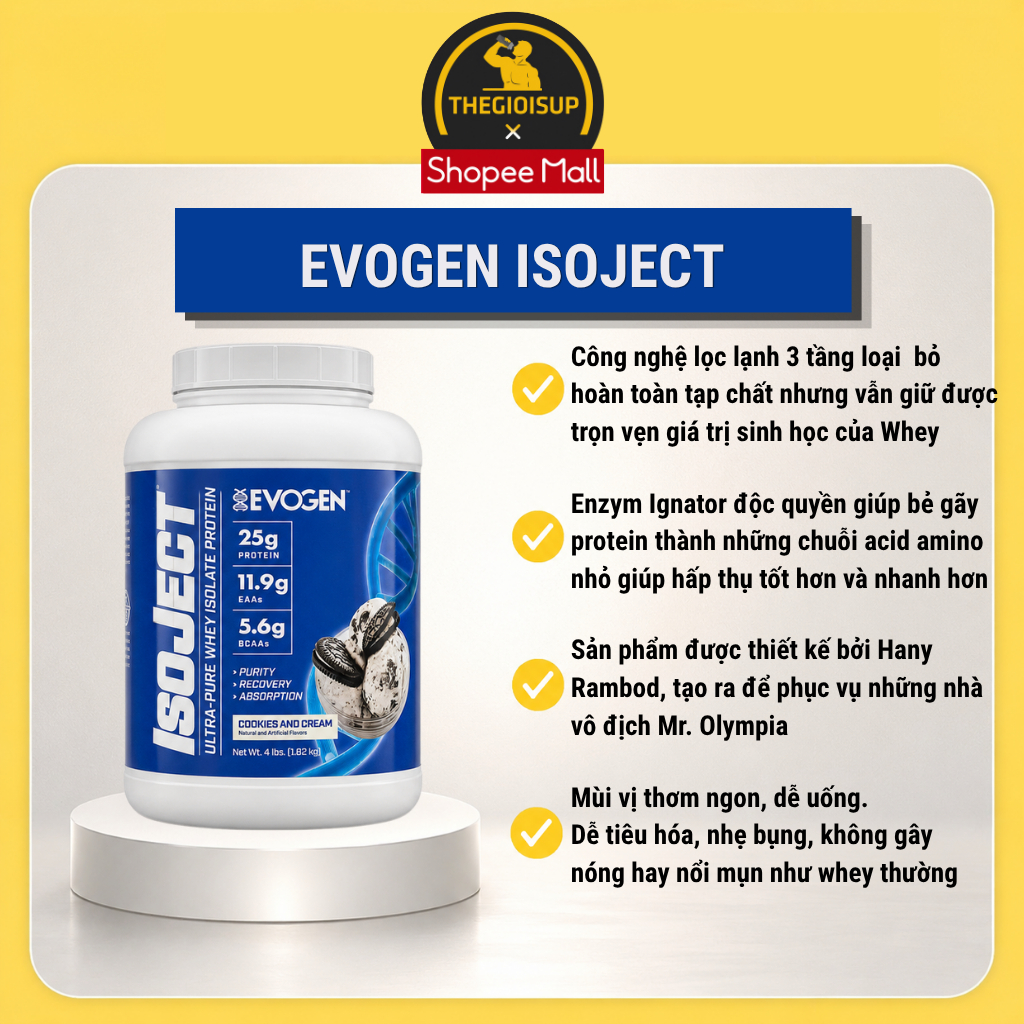 Sữa Bột Evogen Whey Protein IsoJect (55 Lần Dùng) - Sữa Bột 100% Whey Protein Isolate Hấp Thụ Nhanh