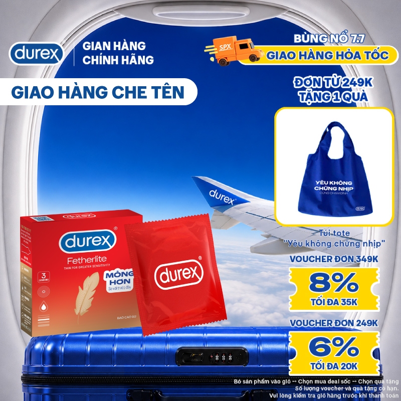Bao cao su Durex Fetherlite siêu mỏng, size 52.5mm, 3 bao/hộp