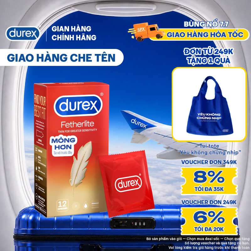 Bao cao su Durex Fetherlite siêu mỏng, size 52.5mm, 12 bao/hộp