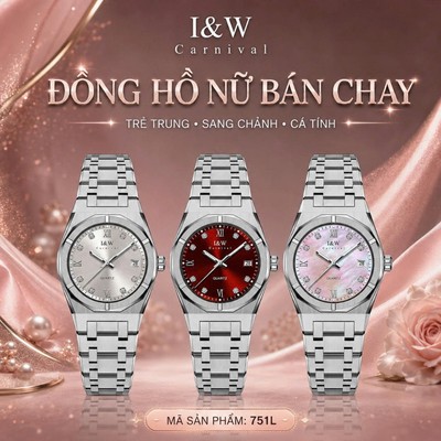 Đồng hồ nữ chính hãng I&W Carnival 751L-1 Kính chống xước,Chống nước 30m,Bh 24 tháng,Máy pin,dây kim loại xịn