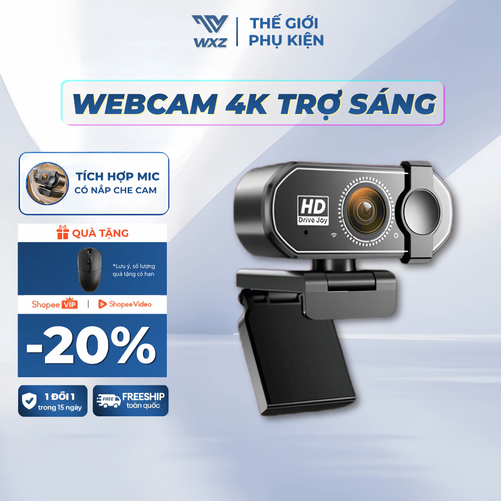 Webcam 4K Livestream Cho PC Laptop Có Mic Ké, Webcam USB Full HD Tự Động Cân Bằng Sáng, Xoay 360°