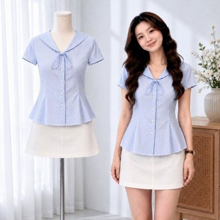 Áo sơ mi nữ kẻ sọc xanh tay ngắn cổ bẻ ve thắt nơ dáng peplum ôm eo, Áo babydoll công sở Hàn Quốc