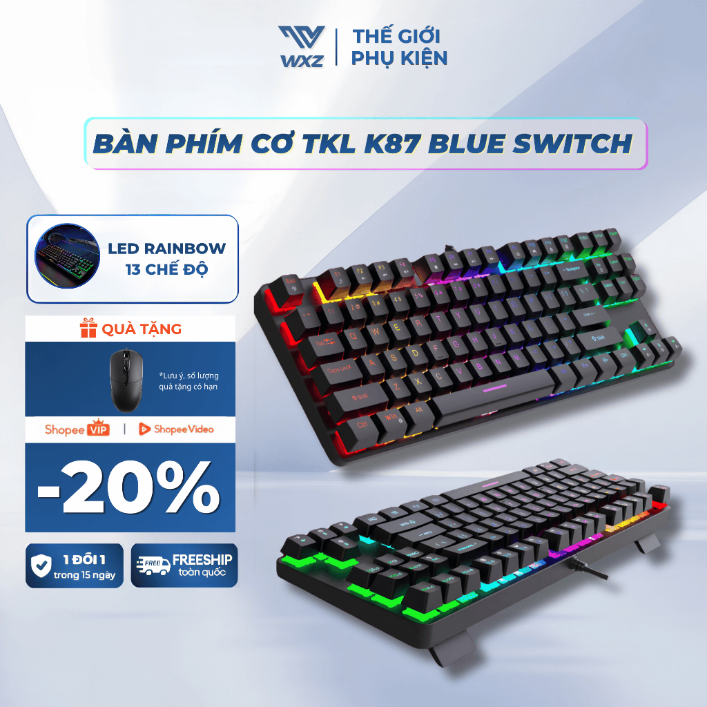 Bàn Phím Cơ K87 Pro LED Rainbow 13 Chế Độ, Blue Switch Êm Tay, Keycap ABS Xuyên Đèn, Chống Nước