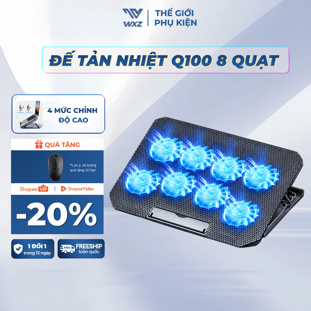 Đế Tản Nhiệt Laptop Máy Tính Bảng Mcbook Q100 8 Quạt Lớn, 4 Mức Độ Cao, Hỗ Trợ Laptop 12-17 Inch
