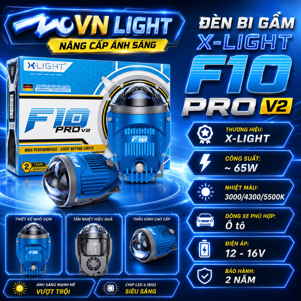 Đèn Bi Gầm X-Light F10 Pro V2 65W Chính Hãng Siêu Sáng Rõ Nét Bám Đường Tốt Cao Cấp BH 2 Năm