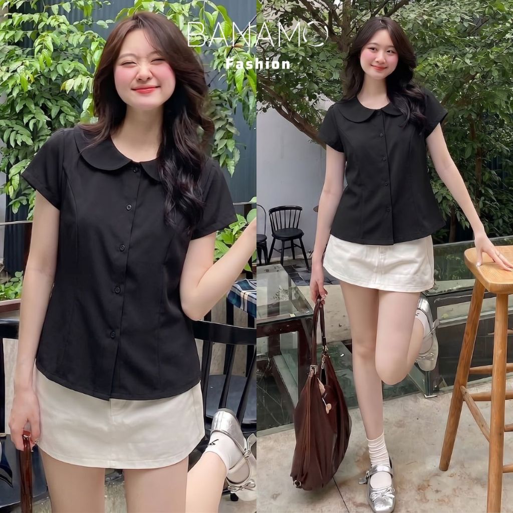 Áo sơ mi nữ BIGSIZE Banamo Fashion áo cổ sen tay ngắn chiết eo tôn dáng dễ phối đồ phong cách Hàn Quốc 399 | BigBuy360 - bigbuy360.vn