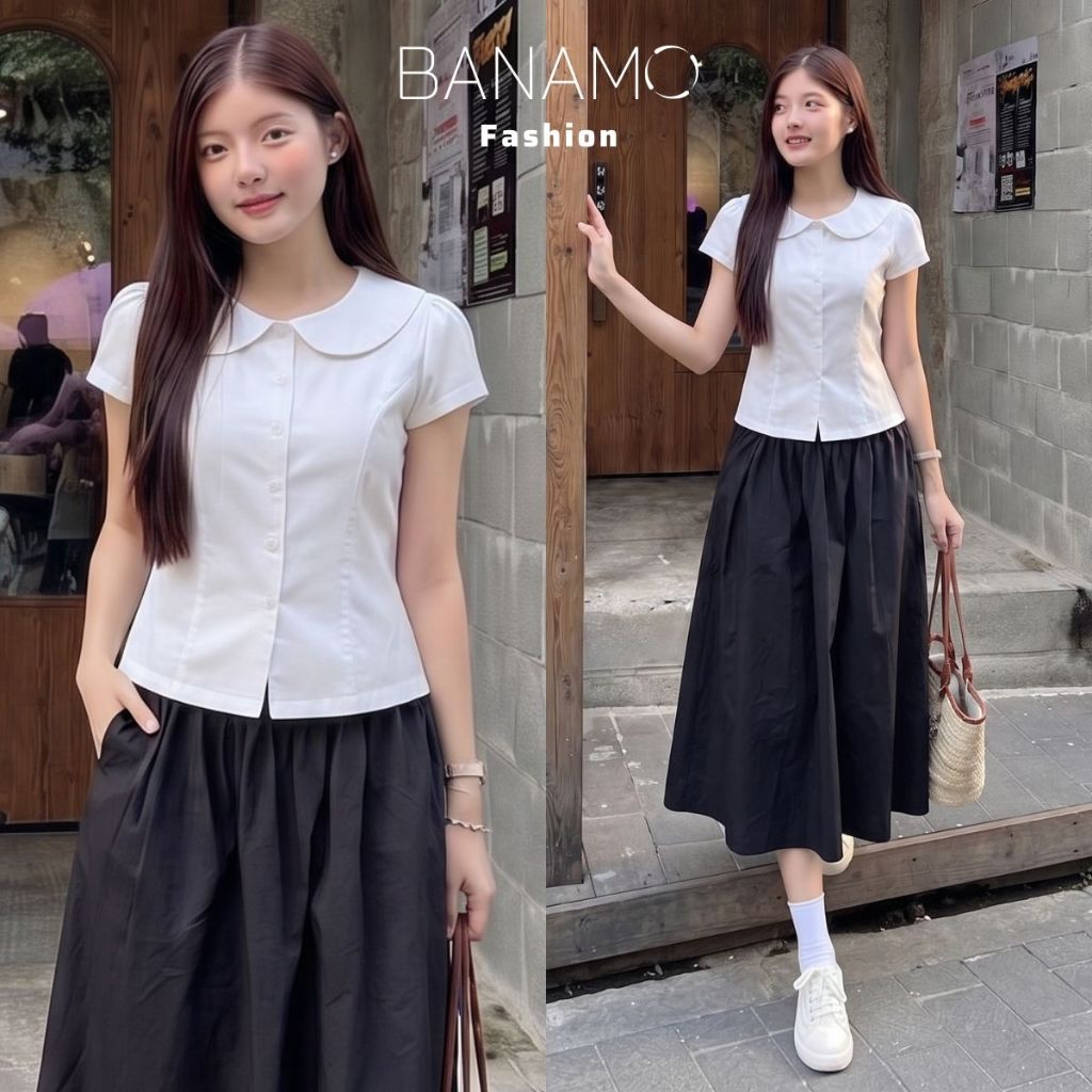 Áo sơ mi nữ BIGSIZE Banamo Fashion áo cổ sen tay ngắn chiết eo tôn dáng dễ phối đồ phong cách Hàn Quốc 399 | BigBuy360 - bigbuy360.vn