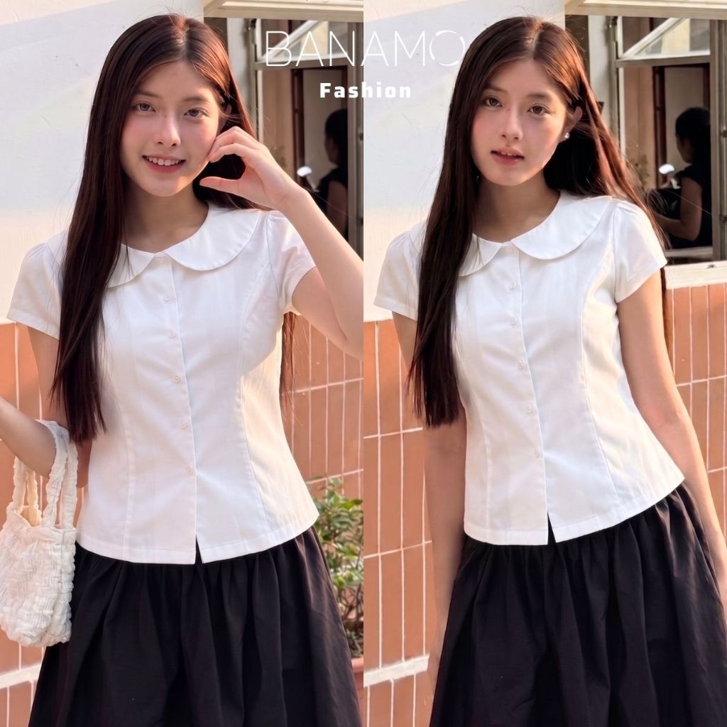 Áo sơ mi nữ BIGSIZE Banamo Fashion áo cổ sen tay ngắn chiết eo tôn dáng dễ phối đồ phong cách Hàn Quốc 399 | BigBuy360 - bigbuy360.vn