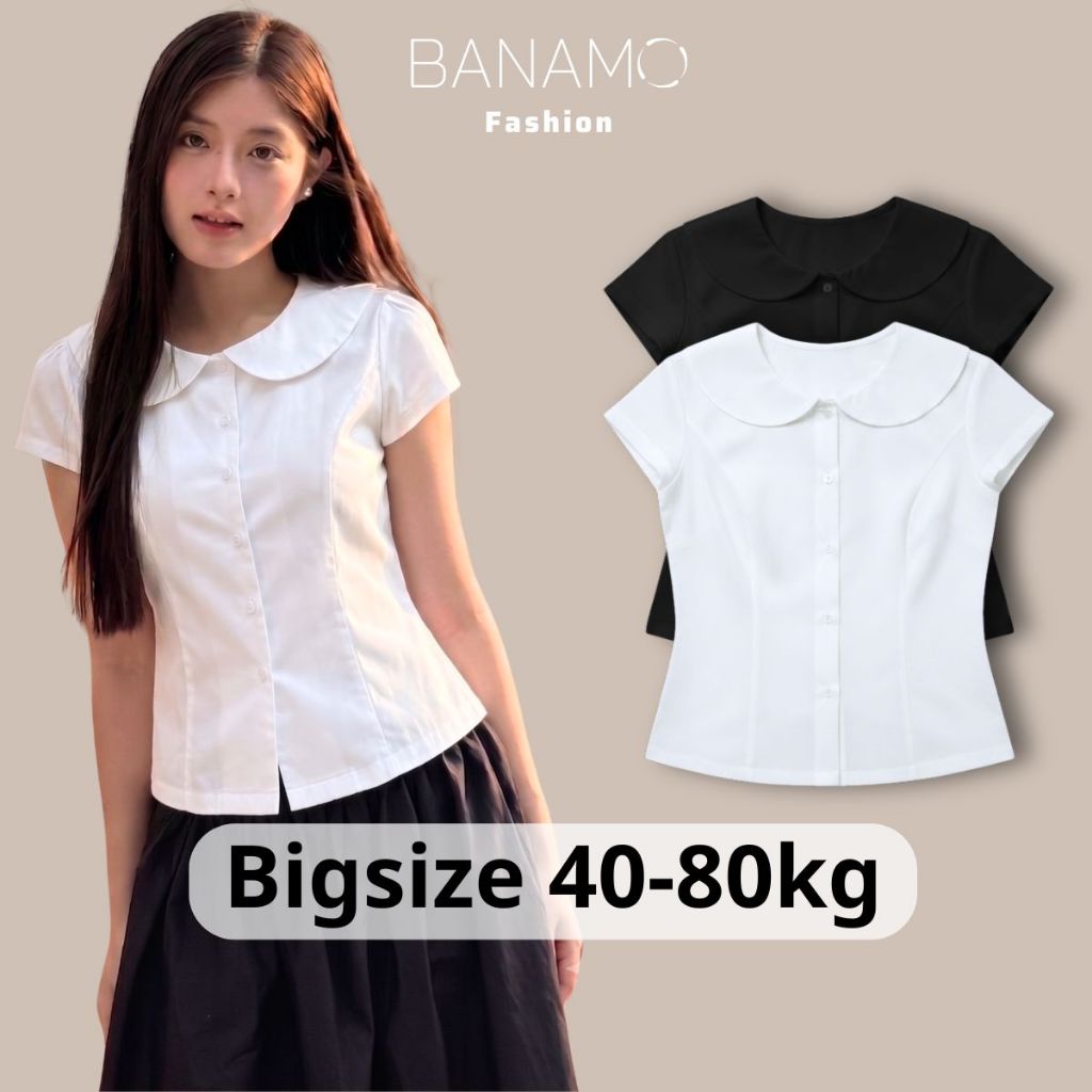 Áo sơ mi nữ BIGSIZE Banamo Fashion áo cổ sen tay ngắn chiết eo tôn dáng dễ phối đồ phong cách Hàn Quốc 399 | BigBuy360 - bigbuy360.vn
