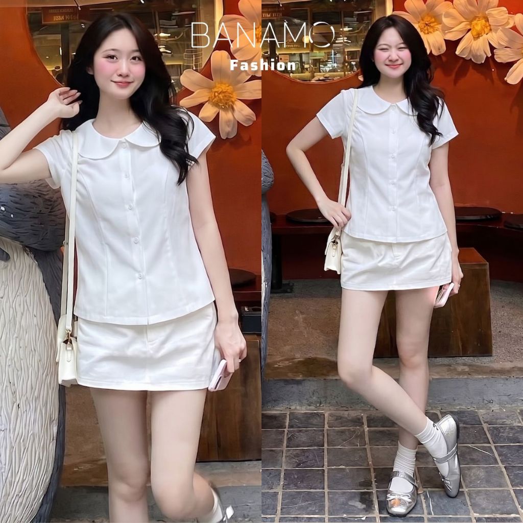 Áo sơ mi nữ BIGSIZE Banamo Fashion áo cổ sen tay ngắn chiết eo tôn dáng dễ phối đồ phong cách Hàn Quốc 399 | BigBuy360 - bigbuy360.vn
