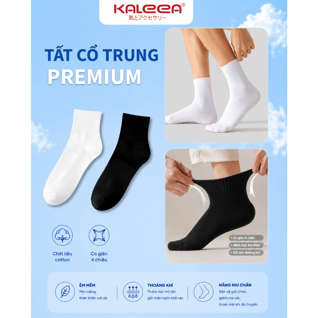 Tất Cổ Trung Kaleea TC02 Cotton Co Giãn Thoáng Khí