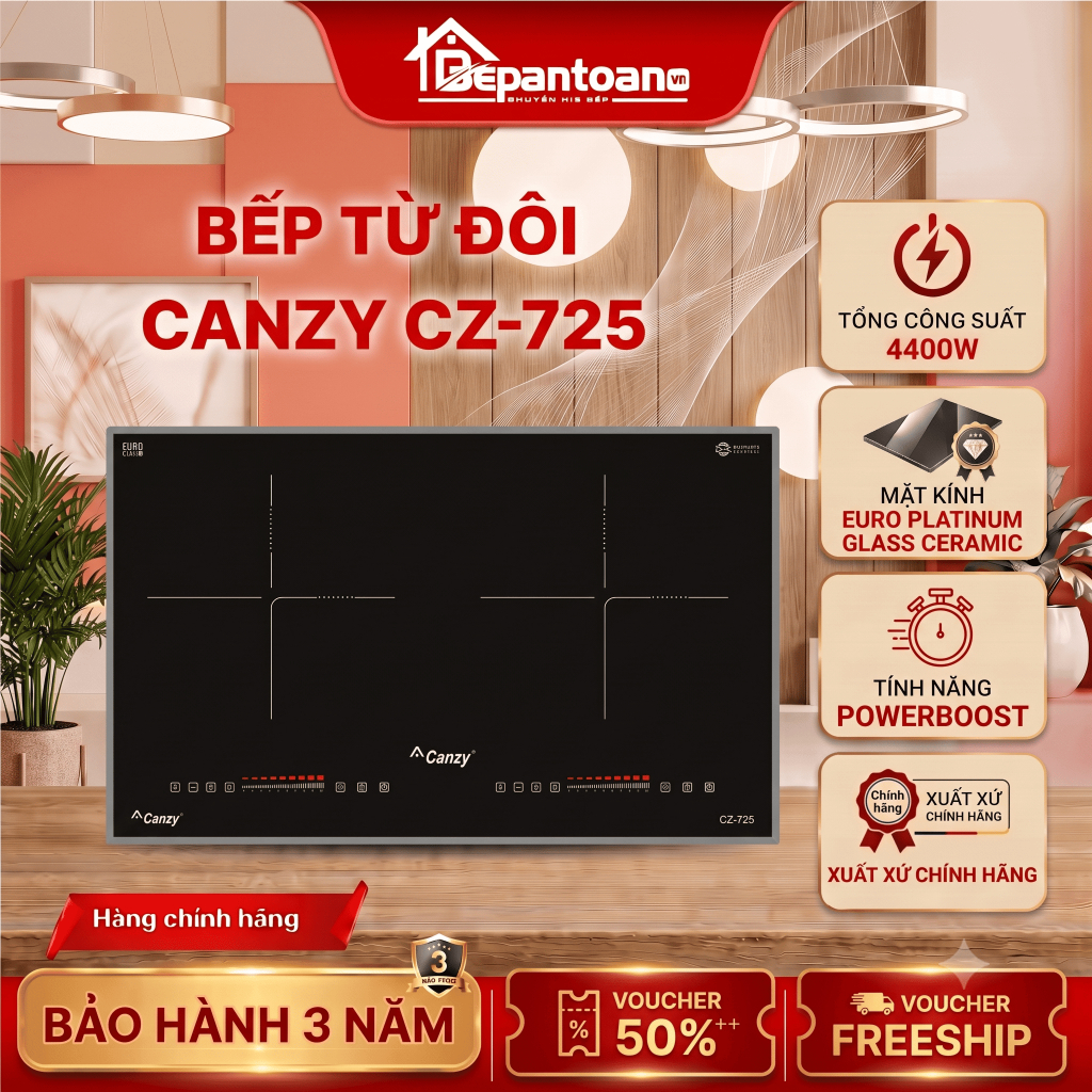 Bếp từ đôi canzy cz 725 - 2 vùng nấu, cảm ứng nhạy, mặt kính chịu nhiệt, an toàn, tiết kiệm điện