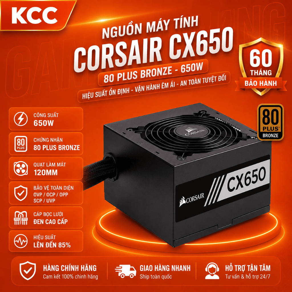 Nguồn máy tính Corsair  CX650 - 80 Plus Bronze - 650W  (CP-9020278-NA)  -  chính hãng bảo hành 5 năm