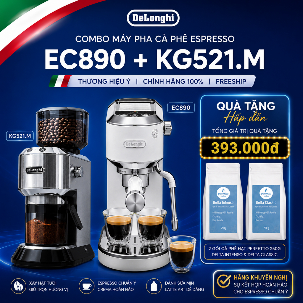 COMBO Máy pha cà phê Delonghi EC890 và Máy xay cà phê Delonghi KG521.M | Chính hãng cao cấp I Espres