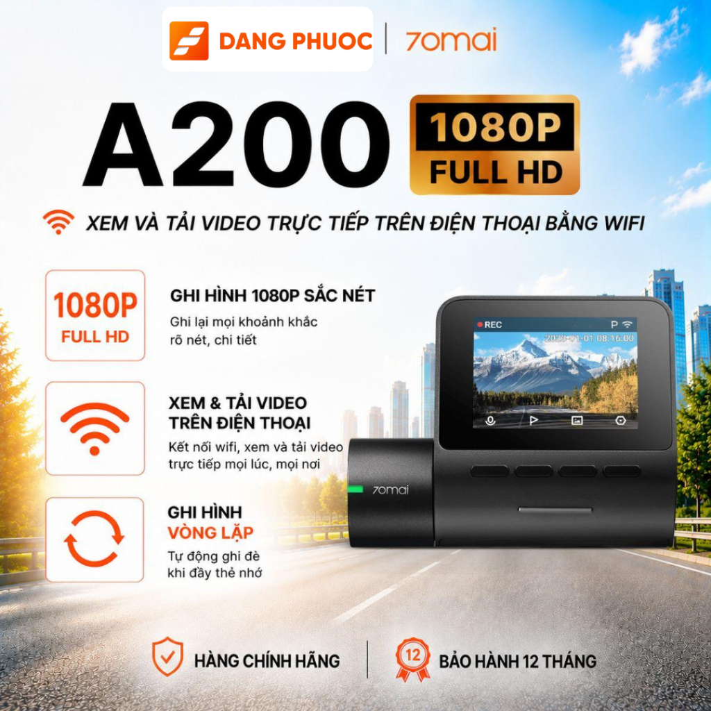 Camera Hành Trình 70mai A200 Full HD 1080P HDR Wifi Ghi Hình Trước, Sau Góc 130° Quay Đêm Rõ Biển Số